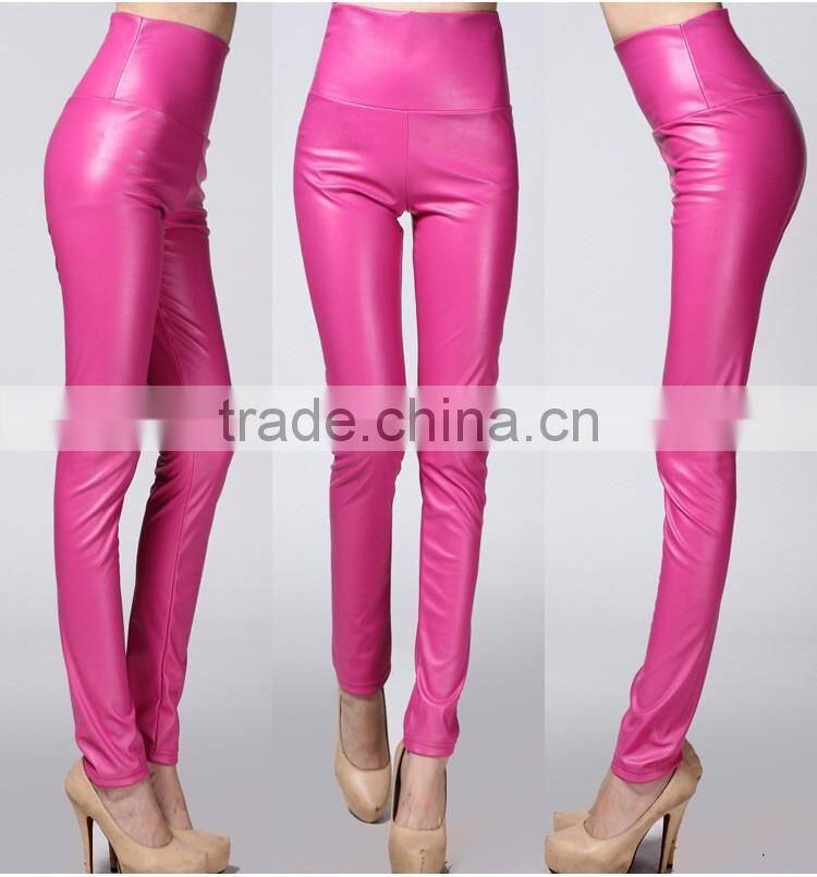 wholesale plain womens tight pants/sexy faux leather high waist leggings stretch PU pants laides skinny trousers
