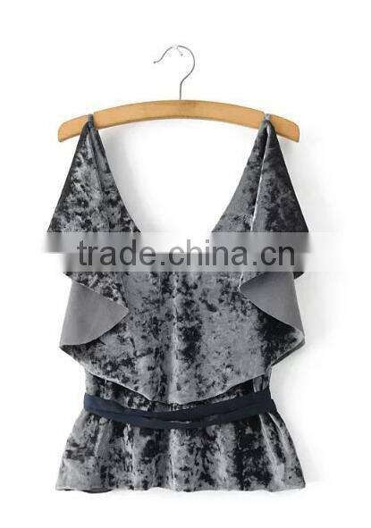 Runwaylover EY2382B Sexy Deep V-Neck 2017 Ladies Falbala Crop Tops