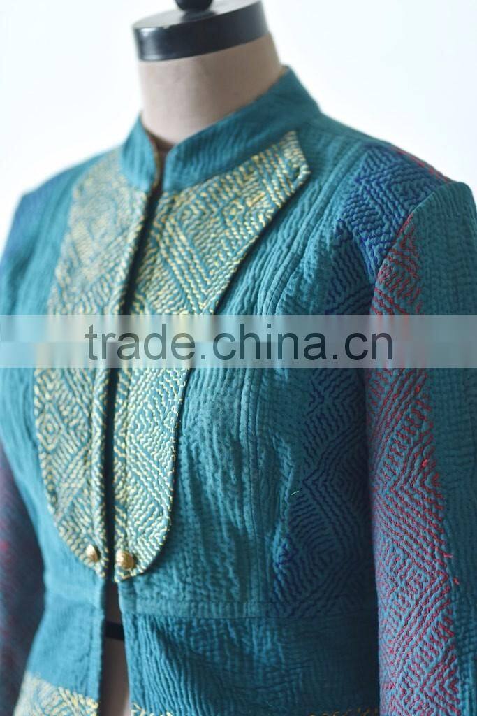 Vintage Kantha Jacket in Viridian green with Embroidery ~ Extra Large