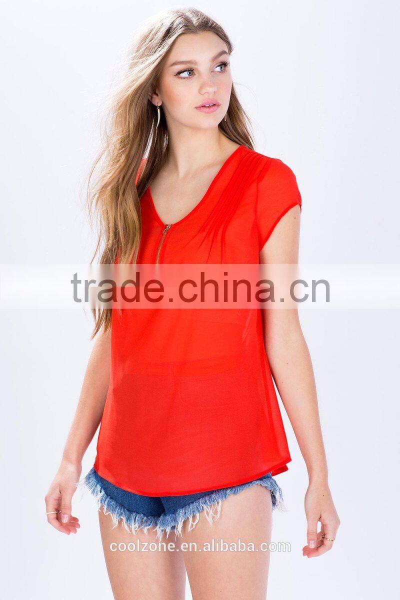 Wholesale pleated front short sleeves tee shirt cheap zipper women tee