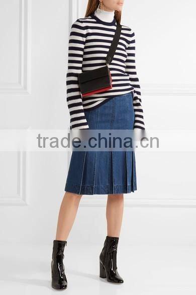 Among Best Selling Bell Sleeved Navy Blue and White Striped Women Spring Sweater