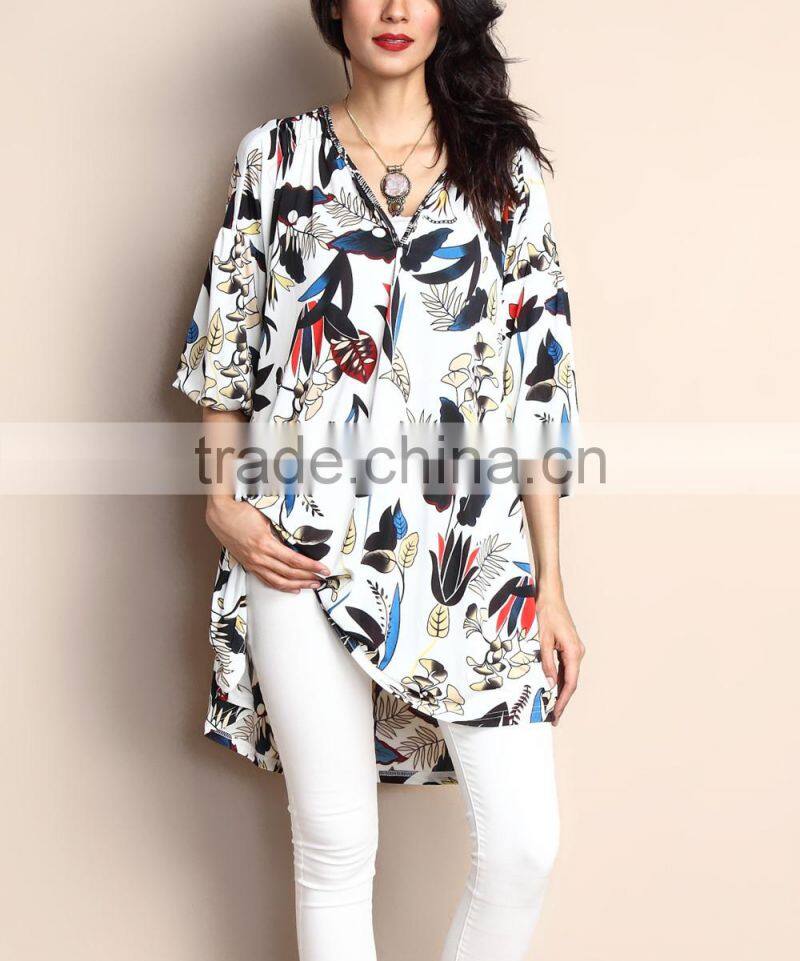 Best Sellers Women Tops With White Floral V-Neck Puff Sleeve Tunic Women Flower Blouse Women Wear GD90426-42