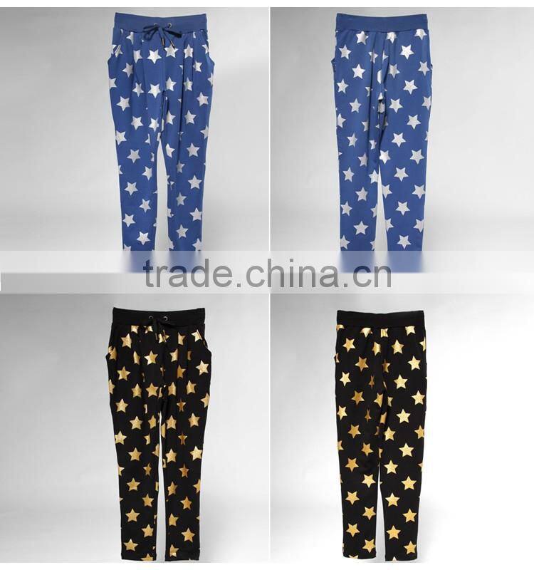 Most fashionable bright gold star knitted trousers custom high quality cotton casual sport pants in guangzhou