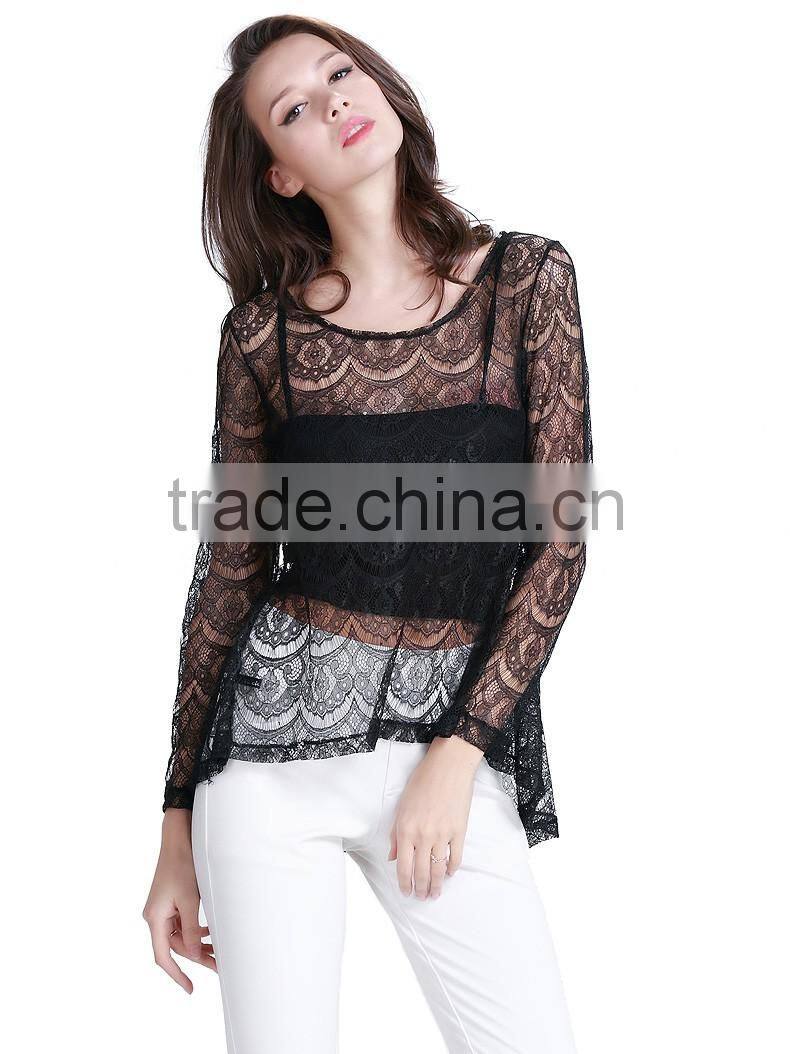 Women's new style black sexy lace short front long back wavy strip two piece shirt