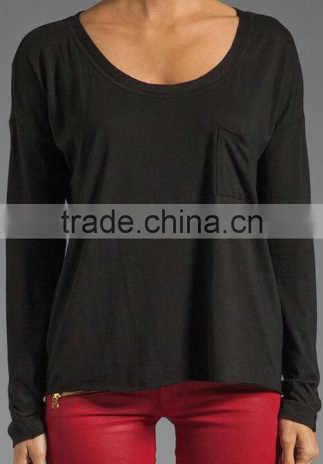 long sleeve pocket plain black t-shirts for women