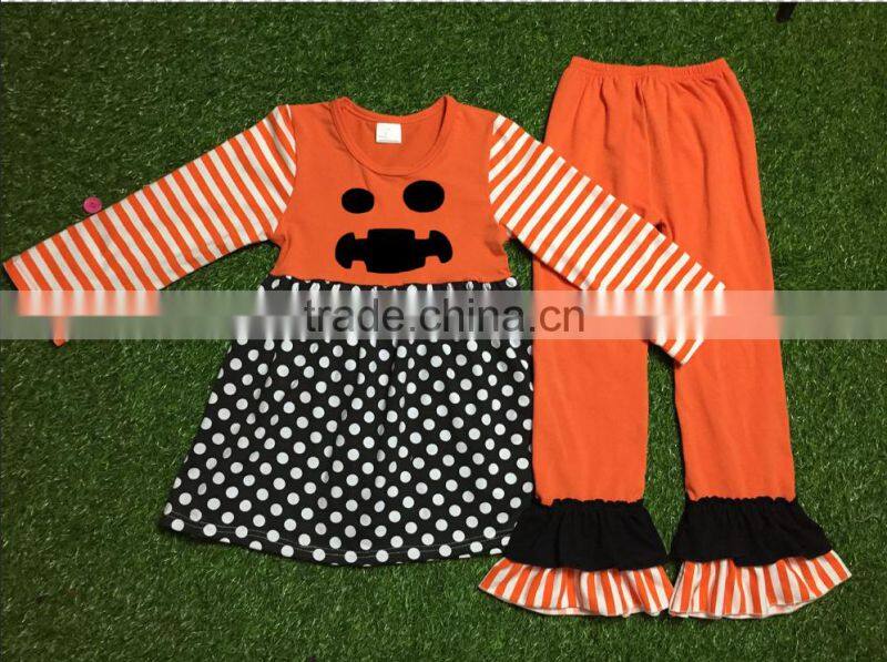 2016 new style Halloween black and orange pumpkin tunic and triple ruffle pant clothing sets bulk wholesale kids fall clothing