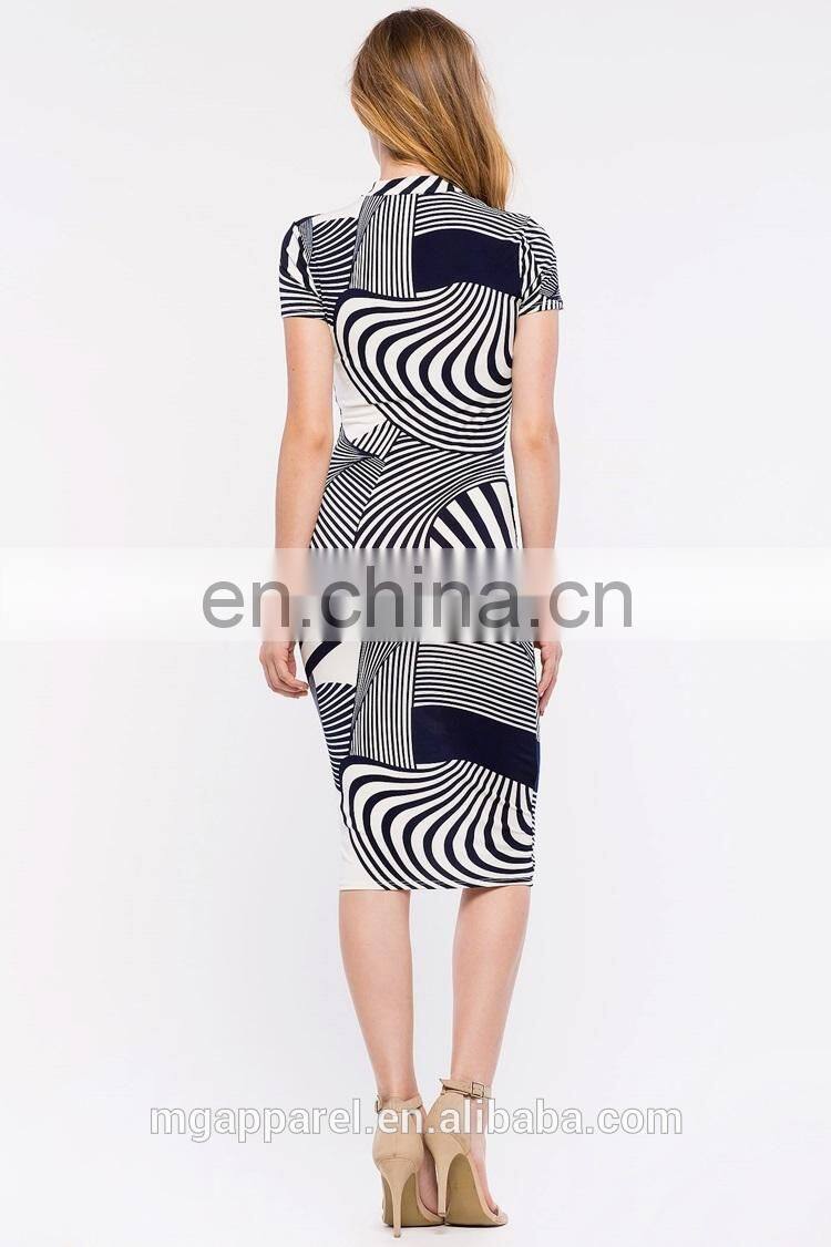 china supplier fashion latest dress designs short sleeve swirl print women party midi bodycon dress evening