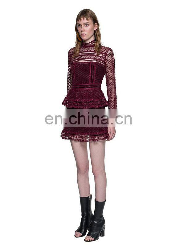 2015 Long sleeve hollow out short transparent classical dress