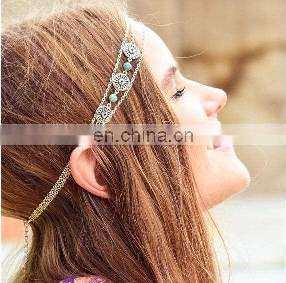 beach multilayer metal gold plated chain hair bands with turquoise beads hair accessories gold chain turquoise headband