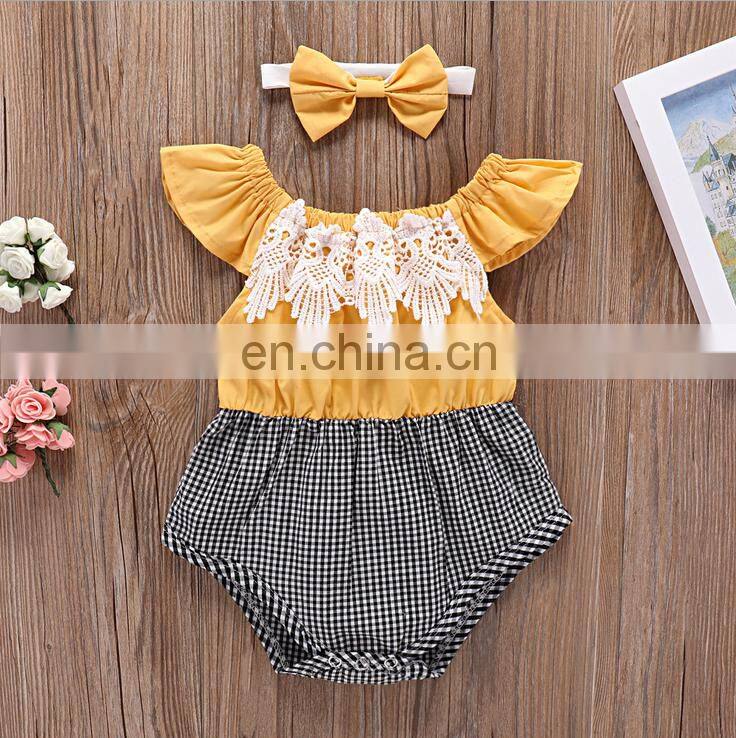 Hot Sale Wholesale Baby Clothes Yellow Plaid Lace Ruffle Baby Romper