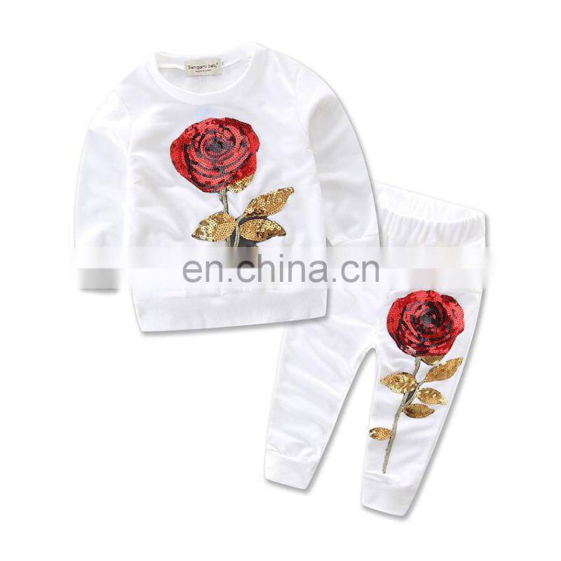 Girls Sequins Flower Clothing Sets Kids Sportswear Embroidered Outfit T-shirt Pants 2PCS Tracksuits