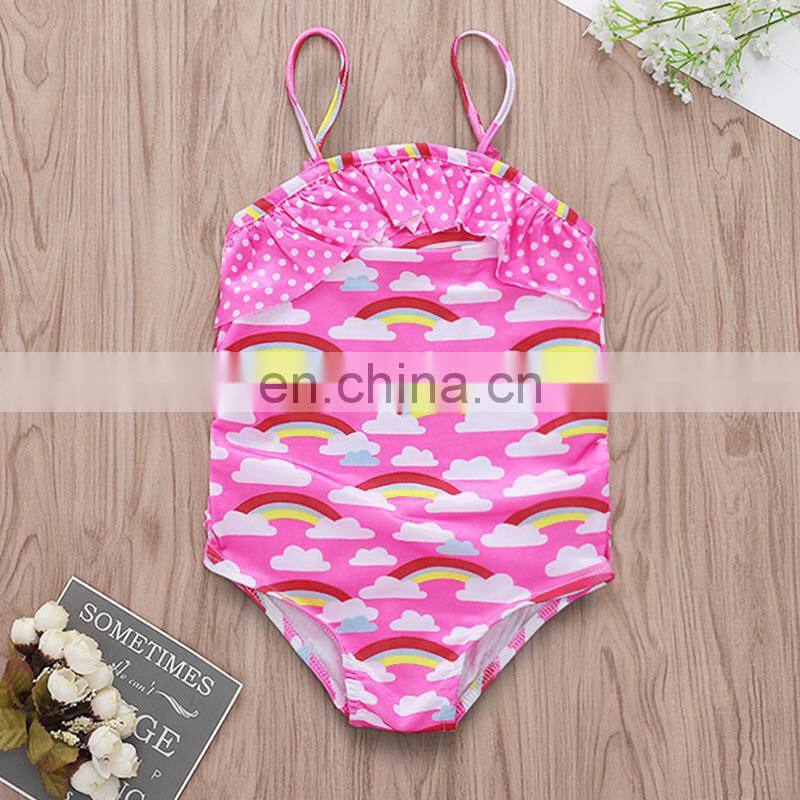 2019 summer new pink rainbow print kids cloud ruffle swimwear off-shoulder one piece baby girl swimsuit