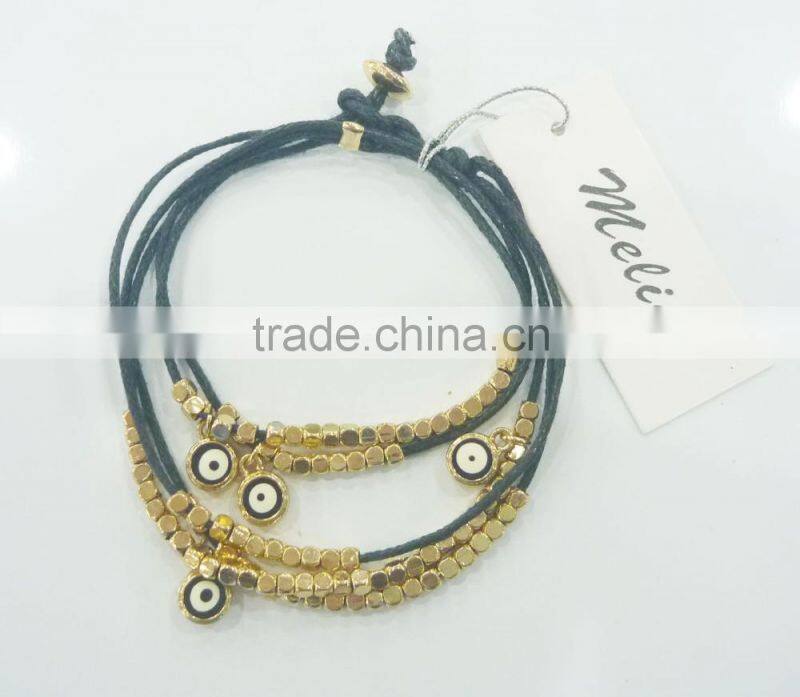 FASHION MULTI ROW BEADED EVIL EYES CHARMS WAX CORD BRACELET
