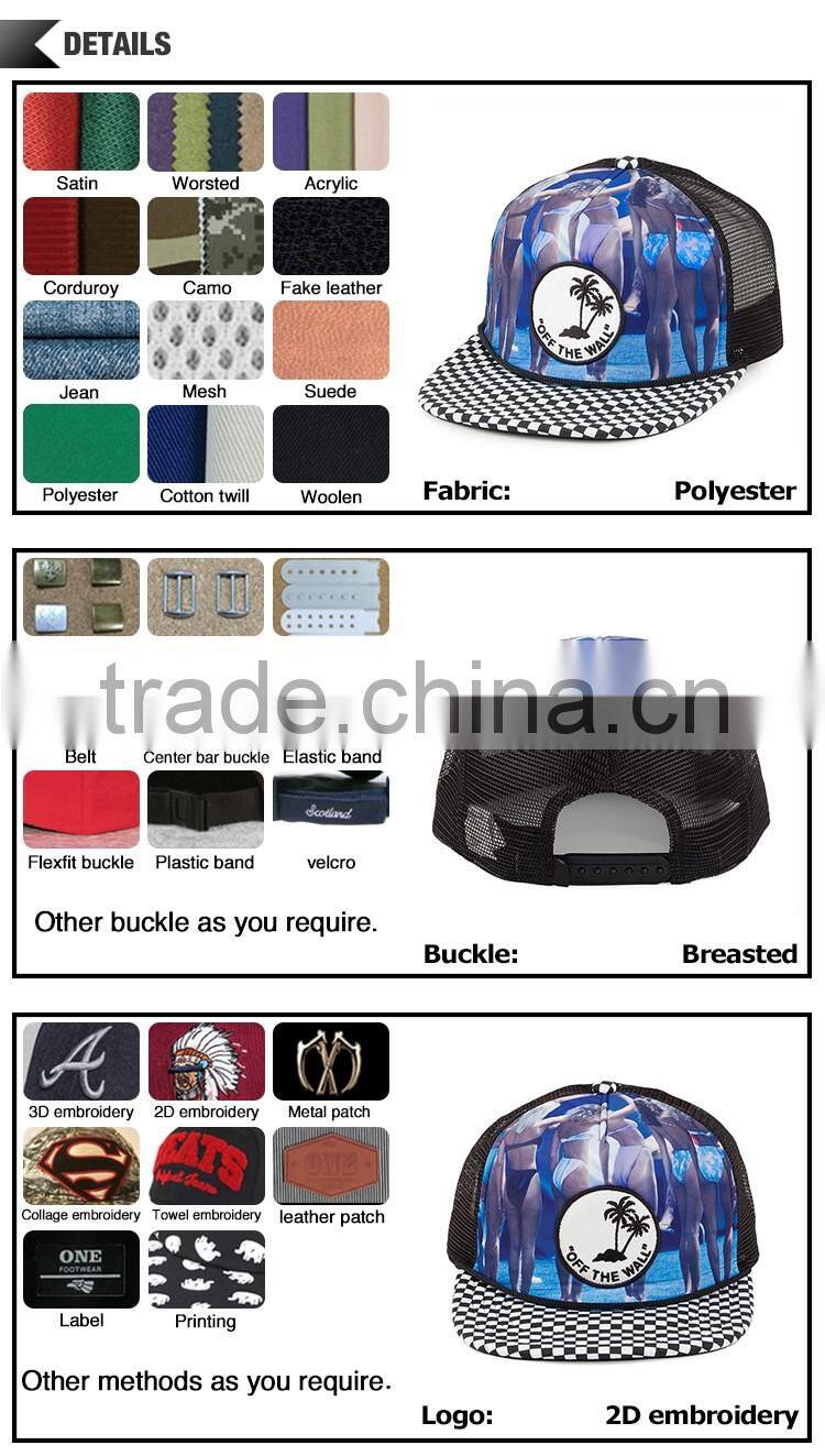 Stylish sexy girl printing embroidery patch 5 panel cheap trucker cap