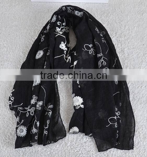 Winter Spring Fashion Long Cotton Flower Machine Embroidery Scarf