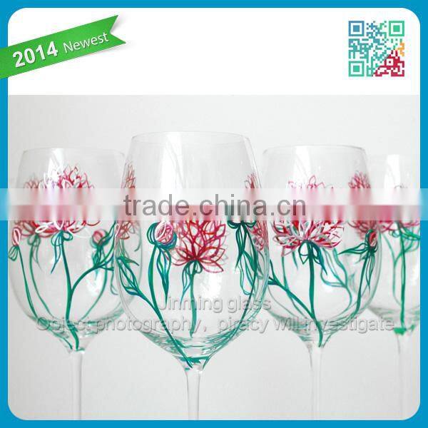 2014 Newest Novel fashion Pink Peonies Wine Glass Set of 4 Hand Painted Glasses