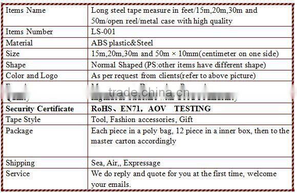 Long steel tape measure in feet/15m,20m,30m and 50m/open reel/metal case with high quality