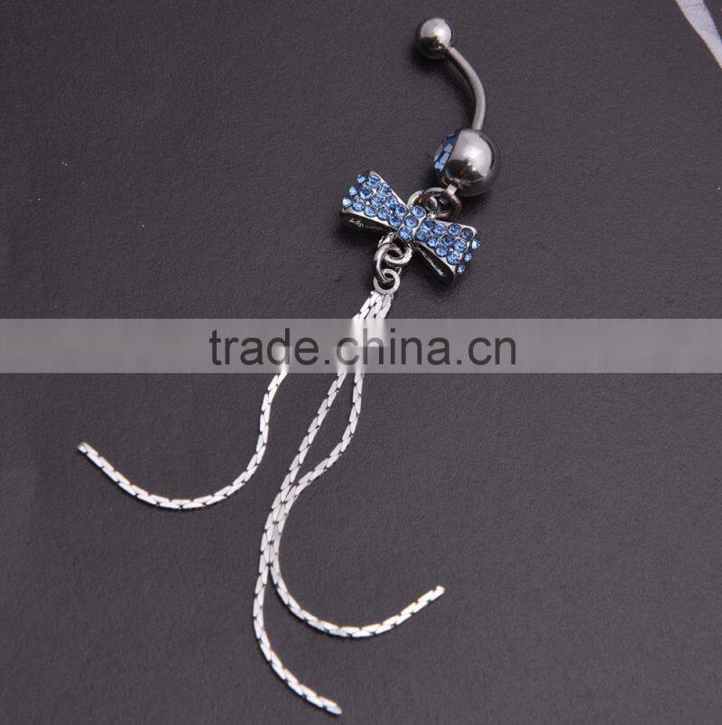 Multi Color Gems Paved Bowknot with Tassel Drop Charms Dangle Belly Button Naval Ring.