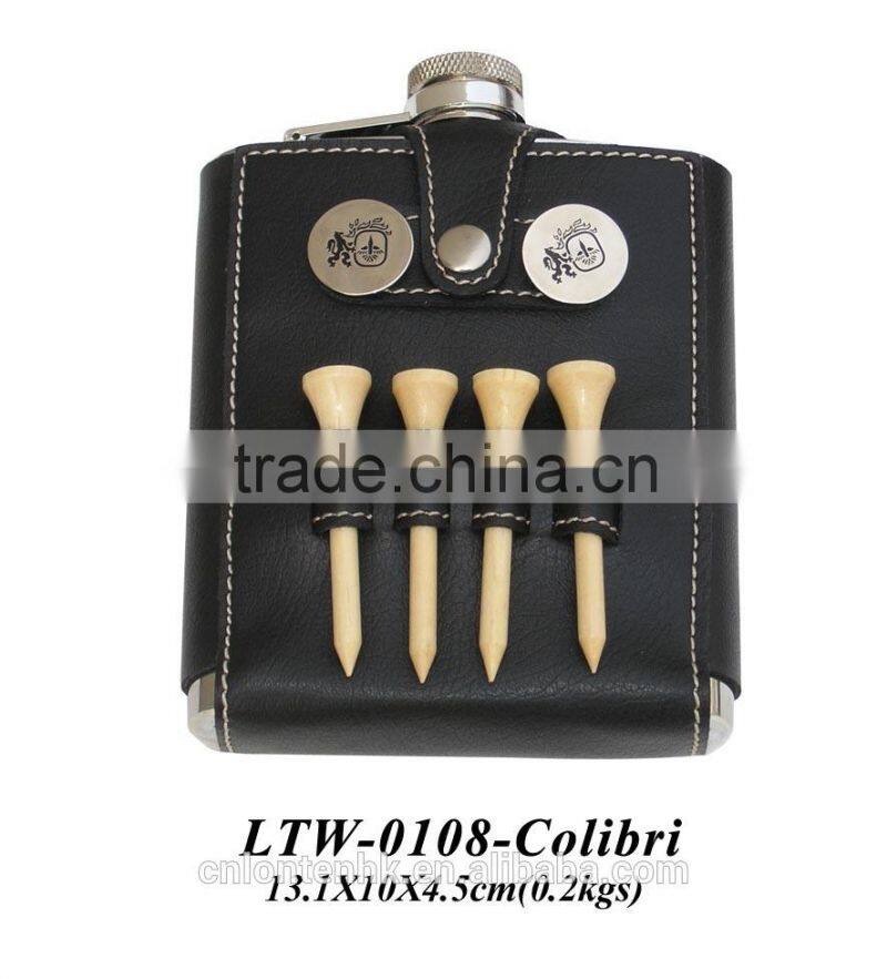 Travel leather wine packing with golf tee