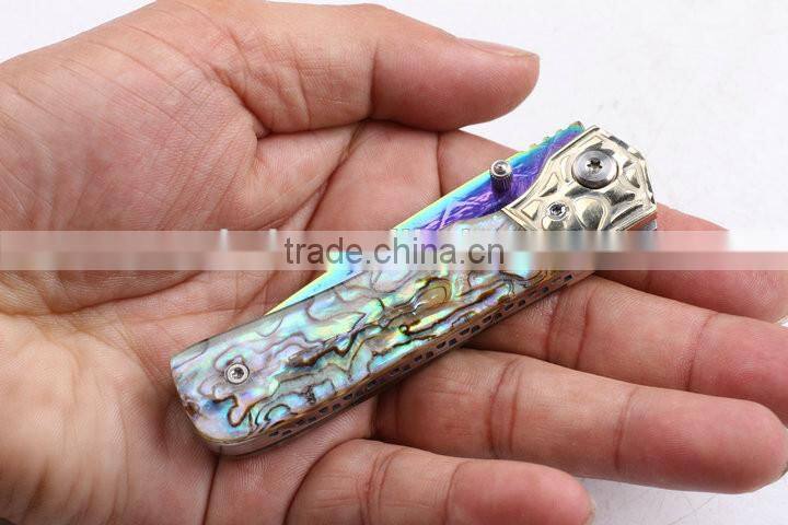 OEM Damascus blade material Silk color Abalone handle folding knife