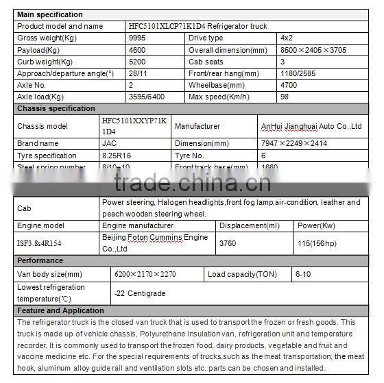 JAC 10 ton refrigerator truck