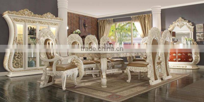 Luxury Ivory And Golden 8 Persons Home Use Dining Table, Baroque Wooden Decorative Display Cabinet And Side Board(MOQ=1 SET)