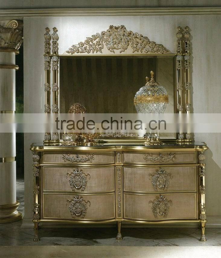 Louis XVI Style Neoclassical Buffet Table Set, White Ornate Buffet and Mirror Set with Tidy Line