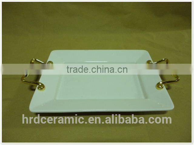 Gold rim four pane stock ceramic plate with handle