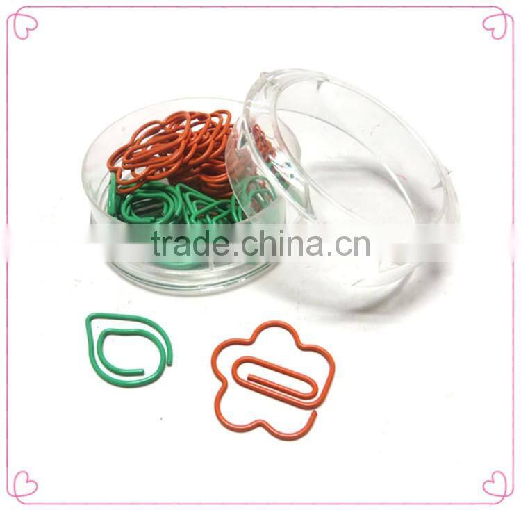 Round transparent PP box with assorted OEM shapes metal paper clips