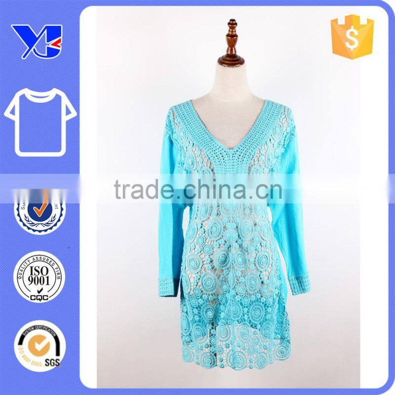 Hollow-carved front deep neck sexy design famous lady wear cotton lace dress