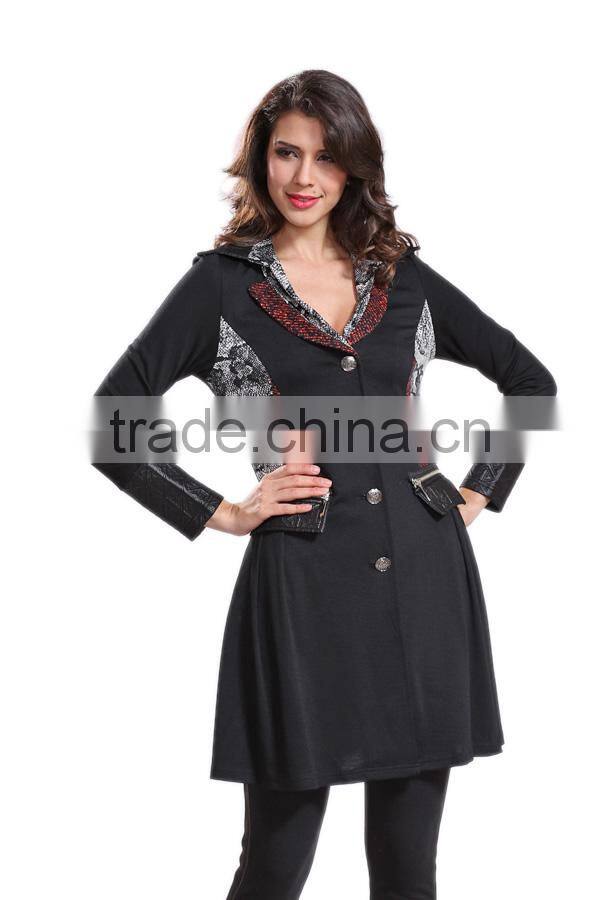 2014 Hot Sale Ladies Black Lapel Buttons Front Jacket With Leather Insert