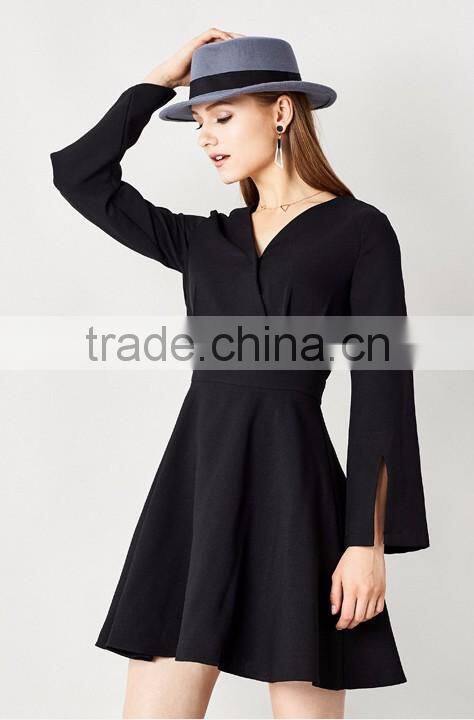New arrival v neck split cuff design 100% polyester blank wholesale dresses girls' long sleeve one-piece dress