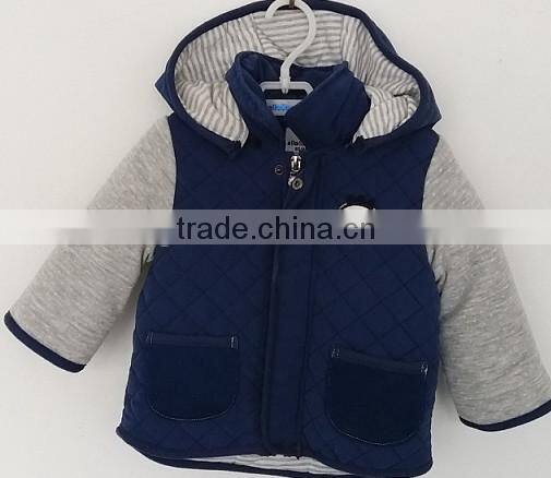 boys knit sleeves over coat with cap and embroidered logo for winter