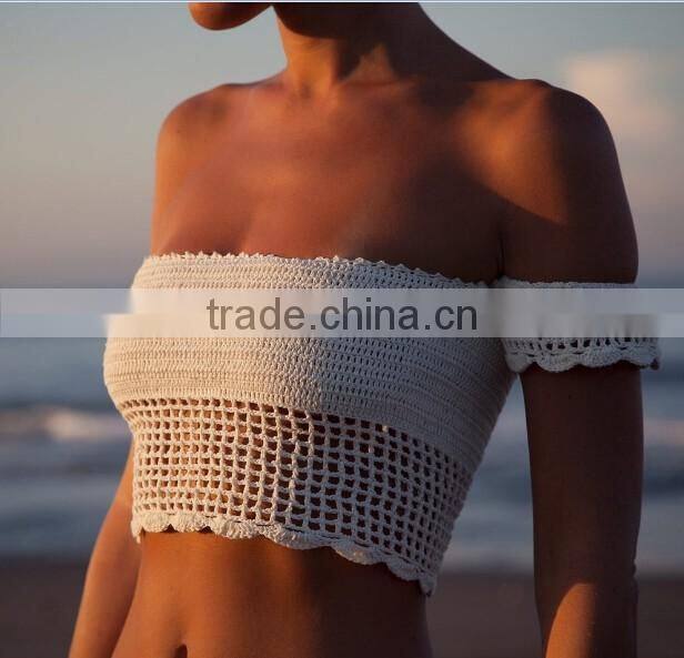 2017 fancy cotton crossed ladies hand knitted bikini