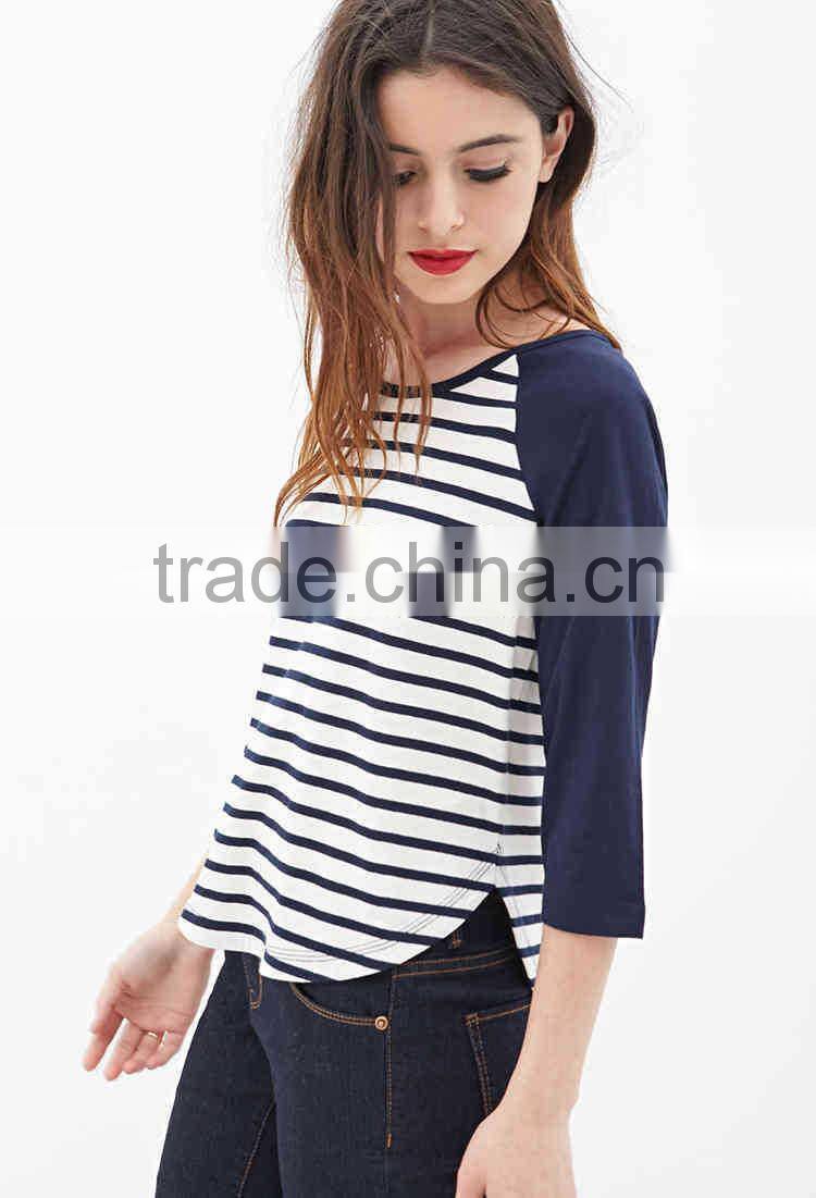 OEM production woman tee shirts striped baseball tee shirts wholesale