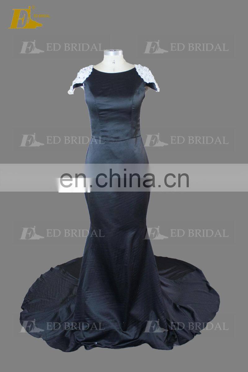 Elegant Cap Sleeve Beaded Court Train Black Long Evening Dress For Fat Women