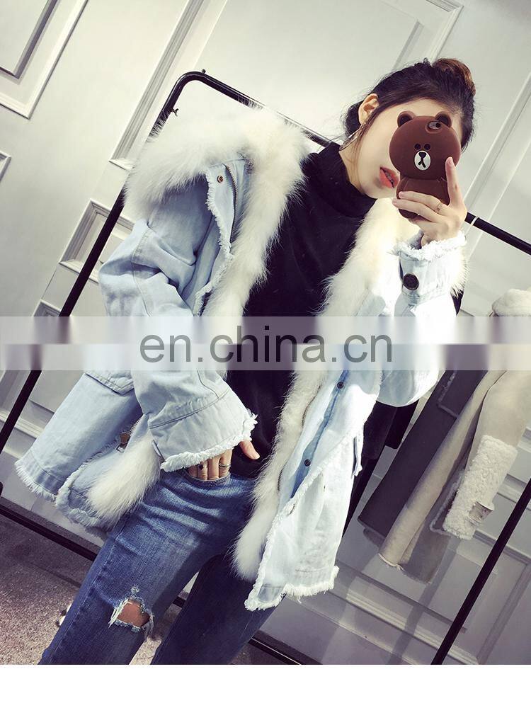 Custom High Fashion Lady Autumn and Winter Cheap Genuine Raccoon Fur Lining Women Jean Coat