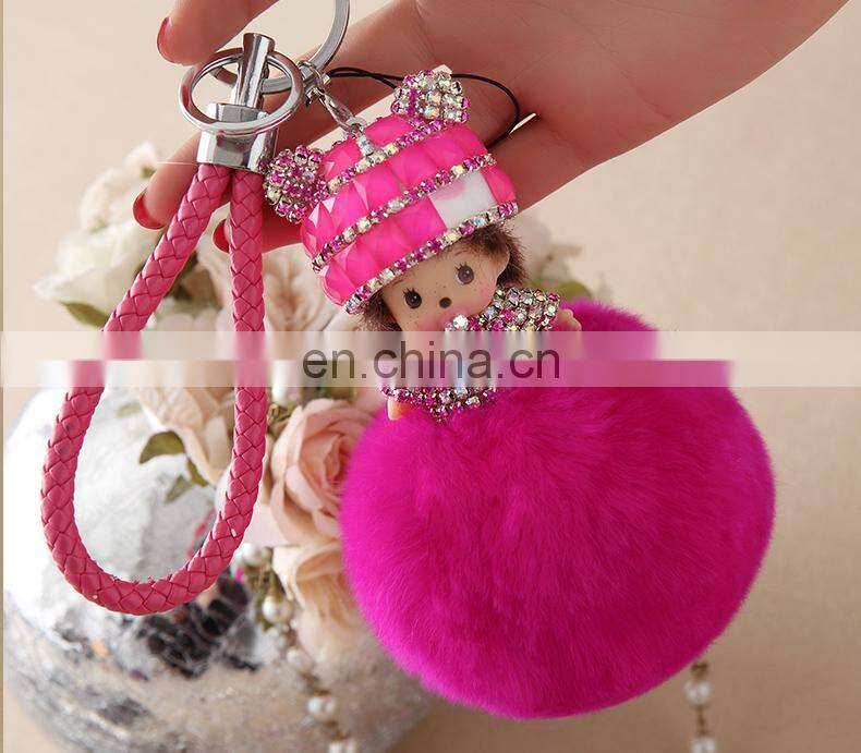 Lovely Monchichi Key Chain Luxury Crystal Key Ring Monchhichi Keychain