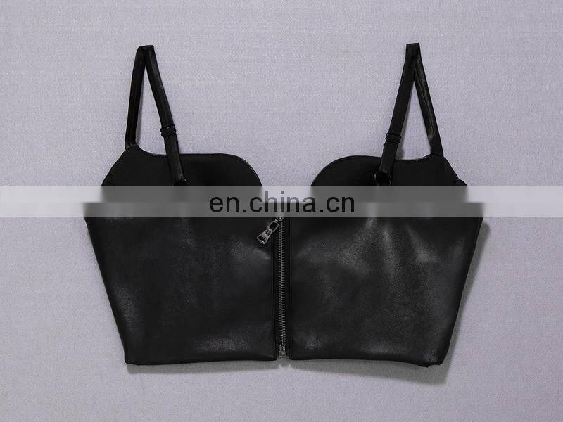 Amigo 2017 new design Black strap sexy leather crop top for big boobs women