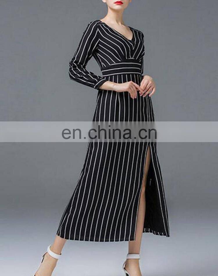 OEM Wholesale Maxi Dresses Plus Size Long Sleeve Linen Striped Dresses