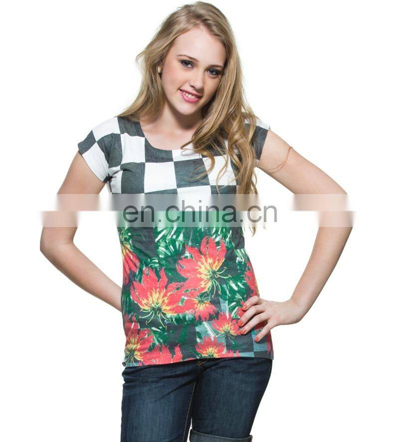 2015 Factory direct price wholesale Ploycotton Chess Board With Retro Flower Print T-shirt
