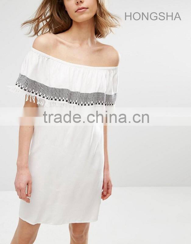 Latest Designs Off The Shoulder Machine Embroidery Tassle Dress HSD2367