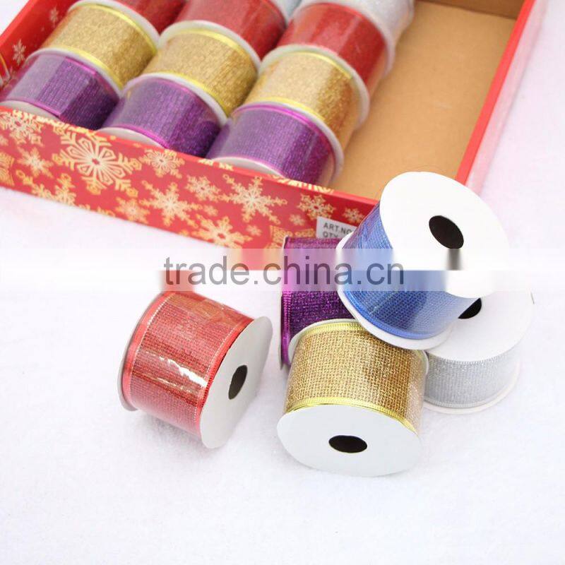 merry christmas wired edge mesh fabric christmas ribbon for christmas trees decorative large size small packing factory price