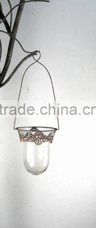 hanging engraved metal and glass candle holder