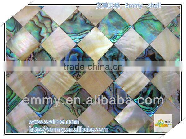 Mixed design shell mosaic tile diamond yellow and abalone mother of pearl mosaic