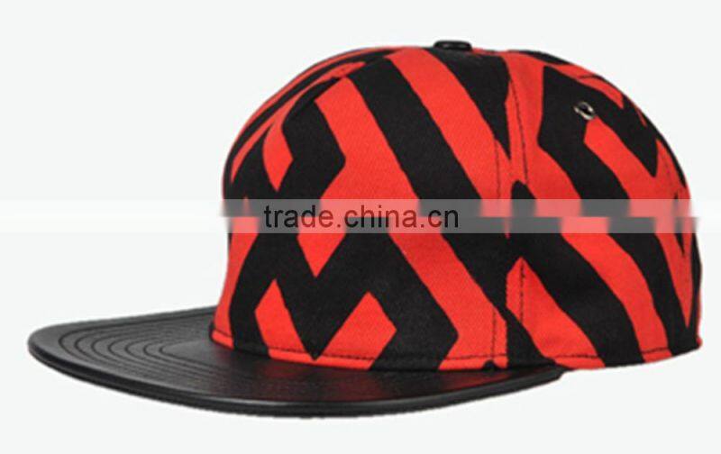 5panel 100% cotton striped leather brim snapback hats
