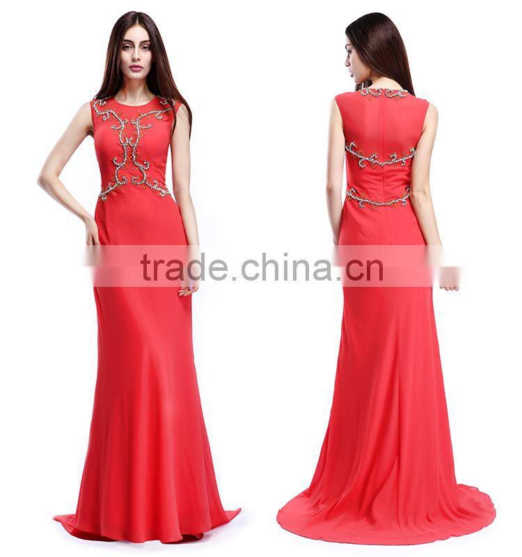 Jewel Illusion Neck Mermaid Chiffon Western Paris Ladies Evening Dress
