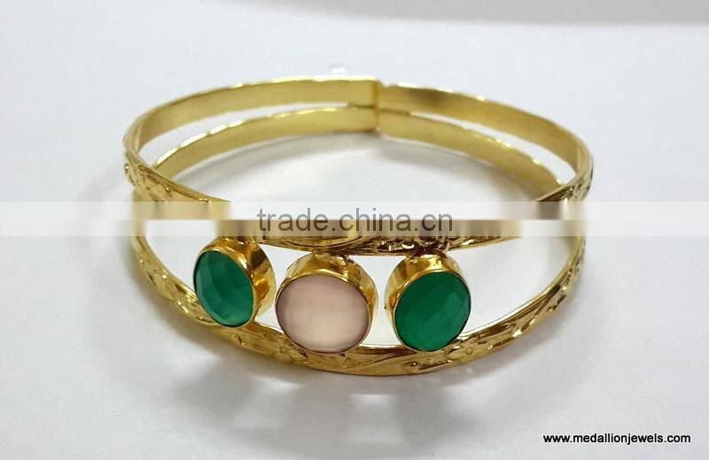 Labradorite Cushion Brass Gold Plated Bangles, Brass Gemstone Bangle, Fashionable Gemstone Bangle