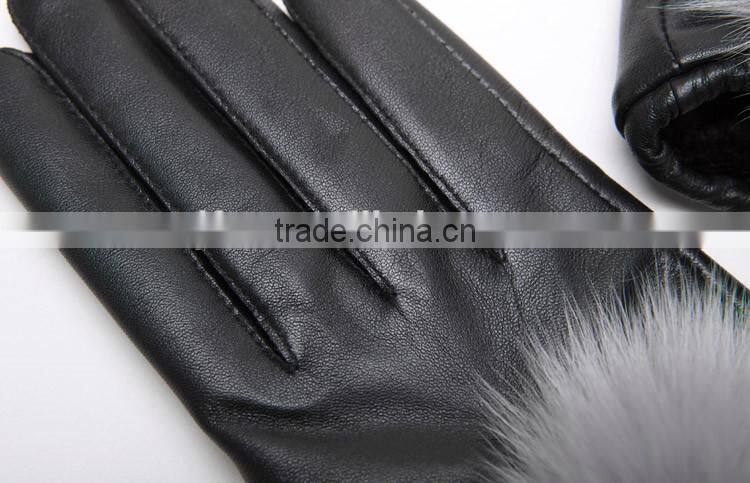 Delicate Sheep Fur Leather Gloves With Blue Fox Fur Pompom Flannelette Inside