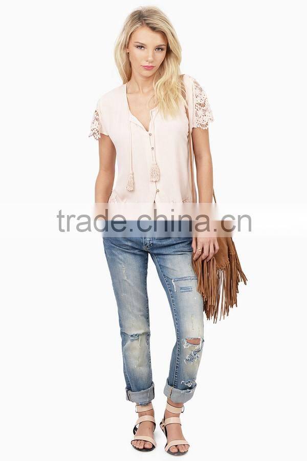 New arrival 2016 fashion embroidery bohemian blouse clothing for women wear, soft jersey lace insert women blouse with button